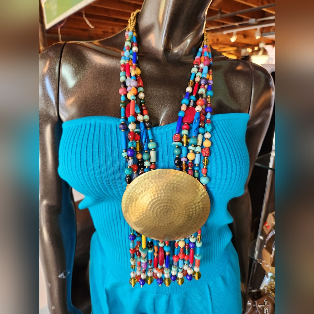 Colorful Beaded Statement Necklace with Bold Medallion, Beaded Fringe 😍Only 1✨️